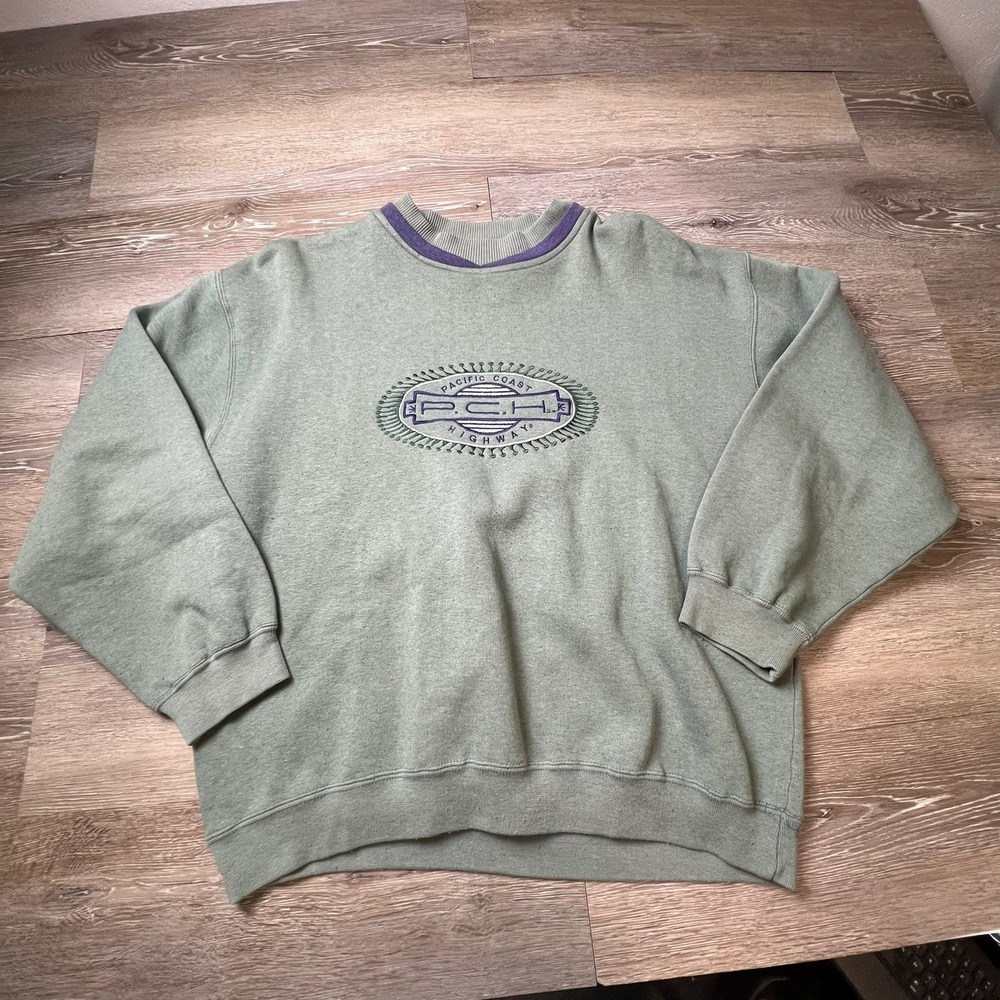 Pacific Coast Highway Sweatshirt Mens Small Green Vintage 90s Embroidered PCH